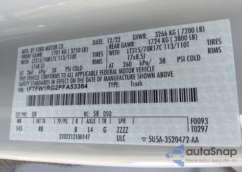 2023 Ford F-150 Raptor z USA, uszkodzony, nr VIN 1FTFW1RG2PFA53384